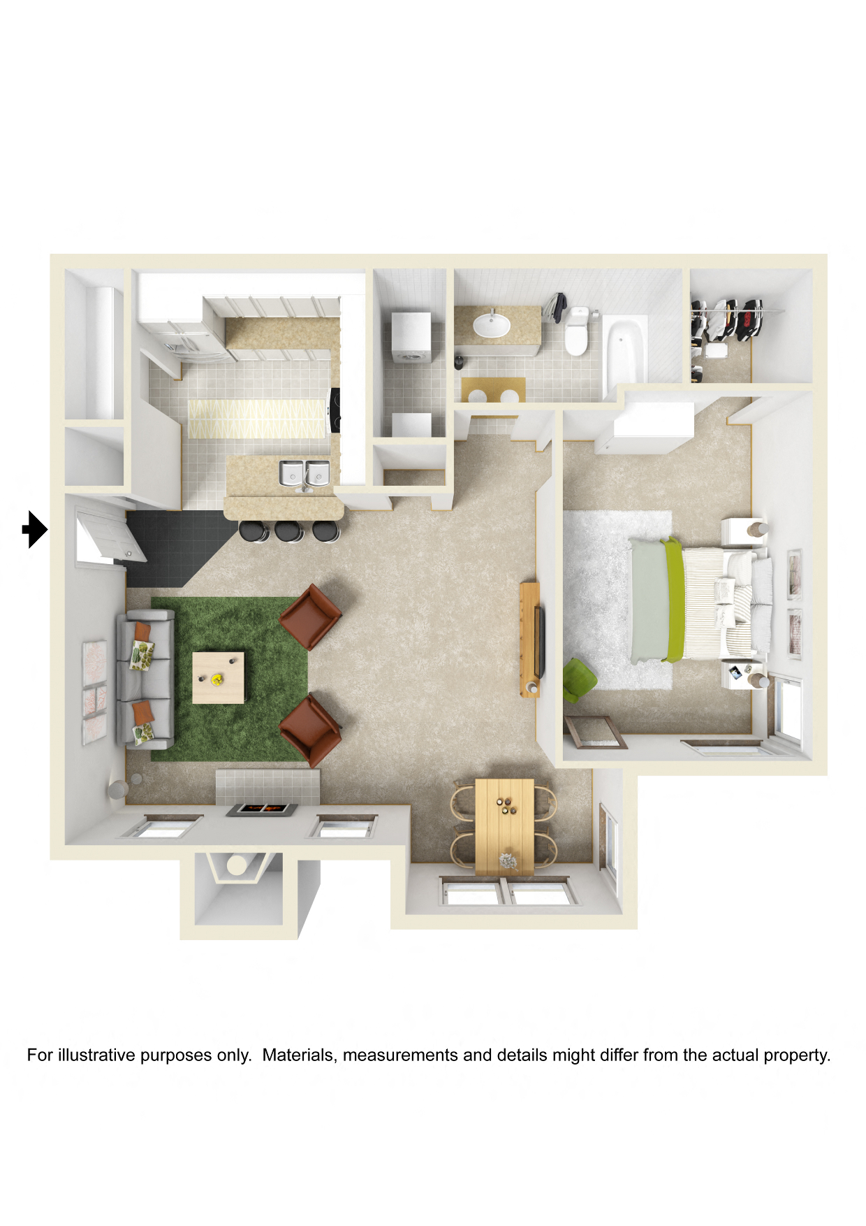 Floor plan for 1 bed, 1 bath, 860 sqft